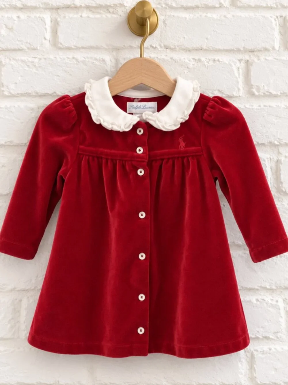 Ralph Lauren Ruffle Collar Long Sleeve Red Velvet Dress Size 6M Holiday Heirloom